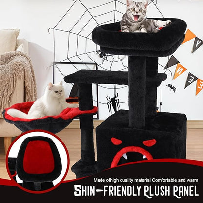 Gothic Cat Tree for Indoor Cats Large Adult, 40.5" Goth Cat Trees Tower with Coffin Cat Bed,Scratching Post,Cat Condo, Furniture Towers with Hammock, Tall Black Cat Tree Halloween Hanging Toys(Black)