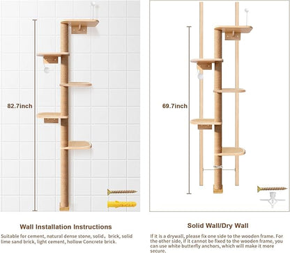 Wild Simulation Cat Tree for Kittens, 5-Level Floor to Ceiling Cat Wall Shelves with Sisal Mat Platforms, Suit for Kitten cat