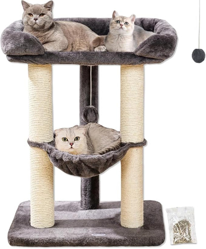 Happi N Pets 28" Cat Tree Tower, Tall Cat Scratching Post with Soft Perch for Window Viewing, Large Bed for Big Cats, Stable & Compact Cat Tower with Hammock, Removable Cover-Gray