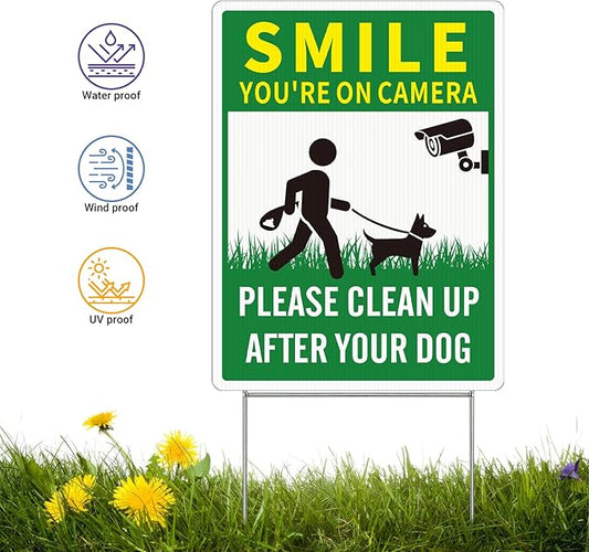 2 Pack Clean UP After Your Dog Signs, Funny Smile You're On Camera Yard Sign, 12.6X9.4 inches Corrugated Plastic Double Sided Sign with Metal H-Stake, No Pooping Dog Signs for Yard, Easy to Mount