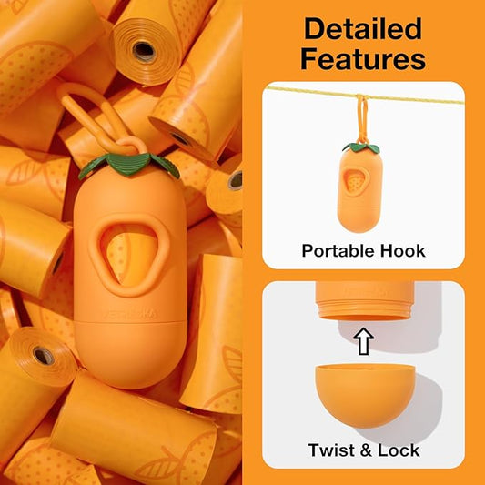 VETRESKA Dog Poop Bag Dispenser with Citrus Scented Waste Bags, Leak Proof, Extra Thick and Large Pet Poop Bags for Walking Dog and Cats Litter, 1 Count Holder and 105 Bags, Orange