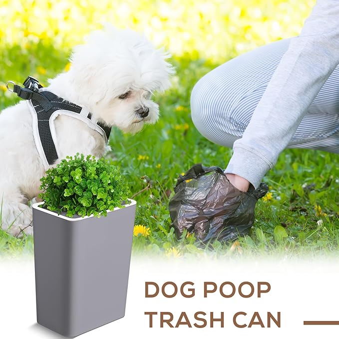 Jingmore Dog Poop Trash Can Outside 3.96 Gal/15 L Plant Styled Dog Waste Trash Can with Lid 50 Pcs Plastic Waste Bags Outdoor Indoor Poop Container Slim Garbage Bin for Yard Garden Pet (Gray)