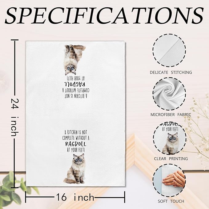 Funny Ragdoll Cat Gifts Kitchen Towels, Cat Lover Gifts for Women, Funny Hand Towels for Bathroom Decor, A Kitchen Is Not Complete without A Ragdoll Dishcloths Dish Towel forKitchen 16x24 Inches