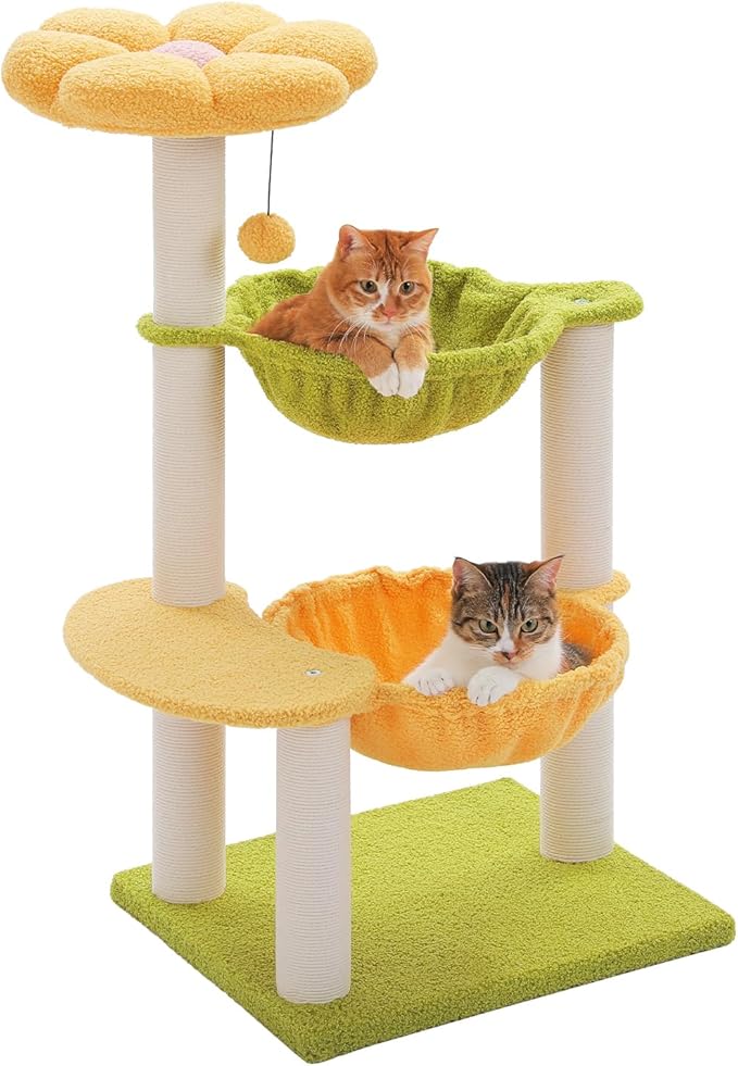 MUTTROS Flower Cat Tree with 2 Large Hammocks, 37.4" Small Cat Tower for Indoor Kitty with 6 Scratching Posts, Cute Cat Tree with Flower Top Perch, Yellow