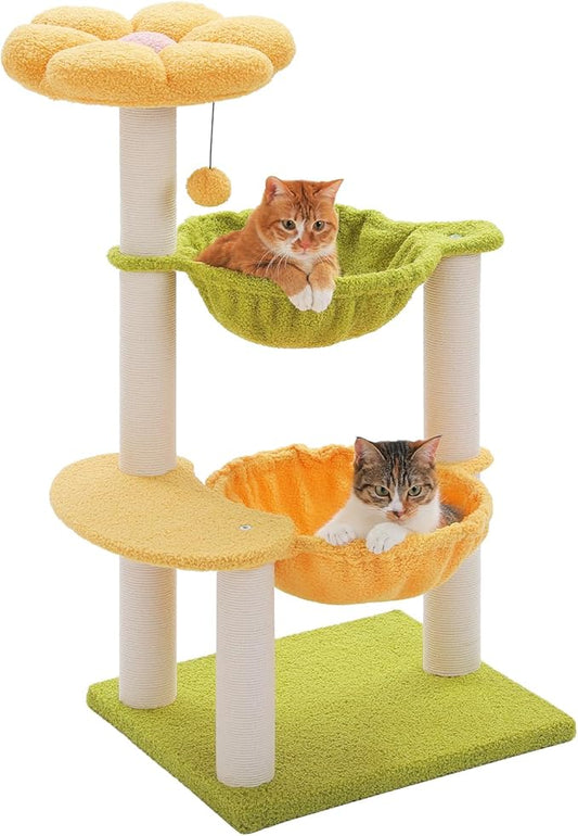 MUTTROS Flower Cat Tree with 2 Large Hammocks, 37.4" Small Cat Tower for Indoor Kitty with 6 Scratching Posts, Cute Cat Tree with Flower Top Perch, Yellow
