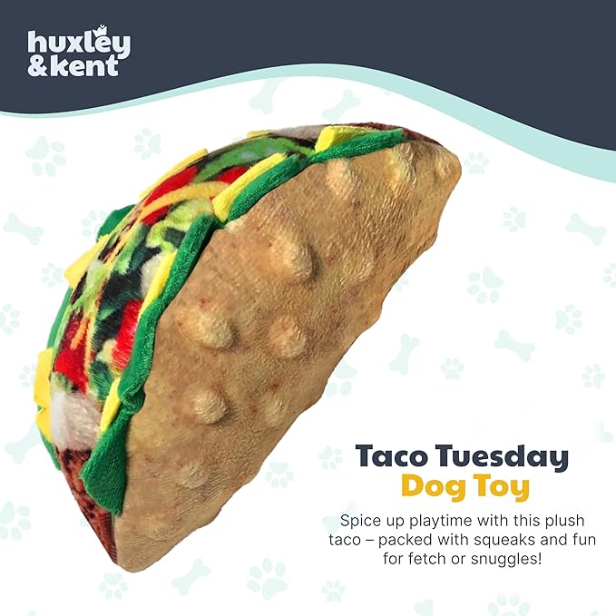 Huxley & Kent Funny Dog Toy w/Squeaker – Power Plush Squeaky Dog Toys for Small, Medium & Large Dogs – Soft Stuffed Animal for Indoor Play & Fetch - Taco Tuesday, Large