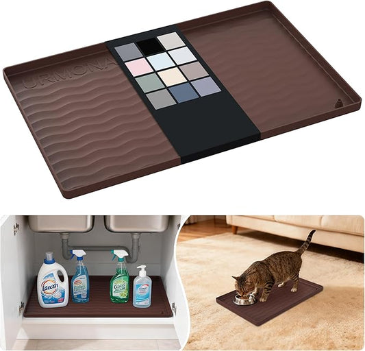 URMONA Waterproof Silicone Under Sink Mat 16'' x 10'' Shelf Liner for Kitchen and Bathroom, Cabinet and Counter Protector, Storage and Organizers, Litter Mat, Pet Cat Puppy Essentials(Brown)