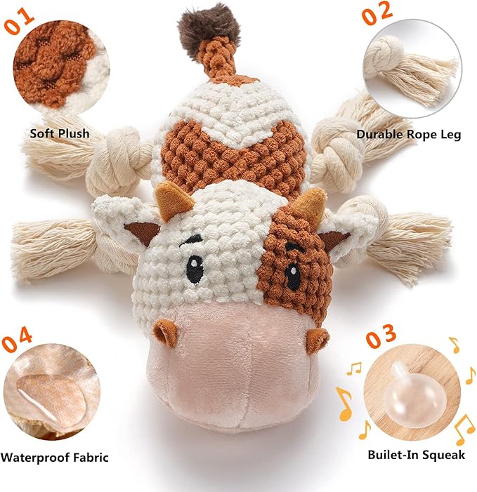Dog Toys, Dog Plush Toy for Large Breed, Cute Squeaky Dog Toys with Crinkle Paper, Dog Chew Toys for Puppy, Small, Middle, Big Dogs (Cow)