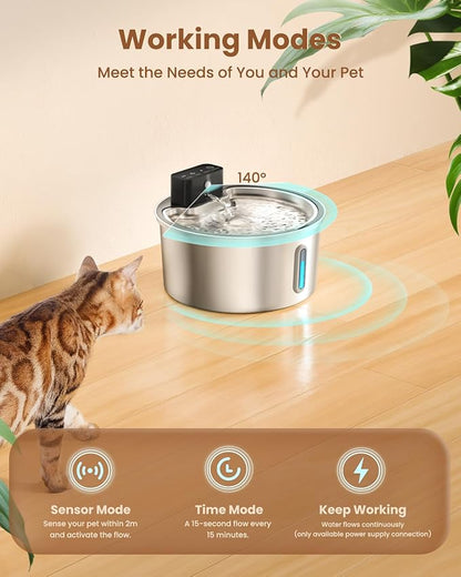 PawPoll Wireless Cat Water Fountain Stainless Steel - 3.2L/108oz Cordless Pet Water Fountain Battery Operated Cats Water Dispenser Silent Rechargeable Automatic Fountain with 6 Filters 3 Sponges