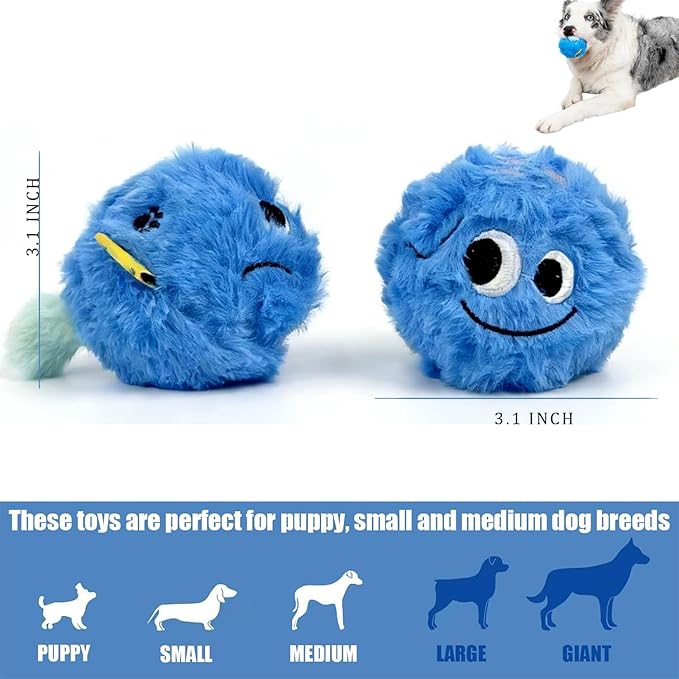 3.1'' Squeaky Plush Ball Dog Toy, No-Stuffing Soft Fuzzy Ball Toy for Small and Medium Dog, Durable Bocuncy Ball for Puppies Teething, Chewing, Interactive Training & Fetch Play, Blue