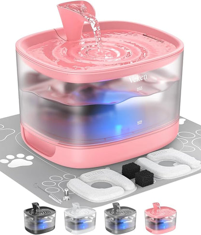 Veken Cat Water Fountain with Detachable Tank, Easy to Clean & Assemble, 85oz/2.5L Automatic Pet Drinking Dispenser with Quiet Operation & LED Light for Cats, Dogs and Small Pets, Red