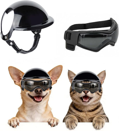 PETLESO Extra Small Dog Helmet and Dog Goggles Set, XS Pet Safety Hat with Ear Holes, Anti-UV Pet Sunglasses, Head & Eyes Protection for Puppy and Adult Cats, Black