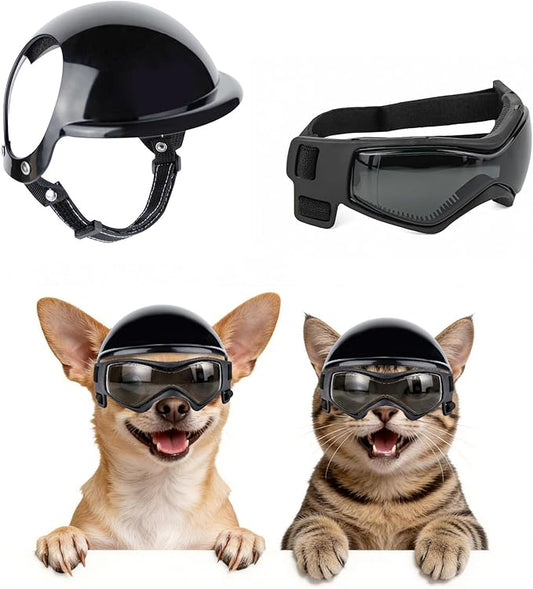 PETLESO Extra Small Dog Helmet and Dog Goggles Set, XS Pet Safety Hat with Ear Holes, Anti-UV Pet Sunglasses, Head & Eyes Protection for Puppy and Adult Cats, Black