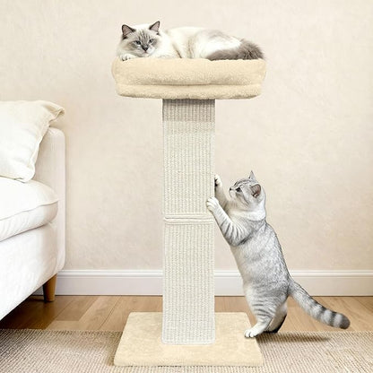 AGYM Cat Scratching Post, 32”Cat Scratcher with Large Plush Perch, Sisal & Carpet Scratching Post, Vertical Posts with Elevated Bed for Indoor Cats, Removable& Washable Cover, Beige