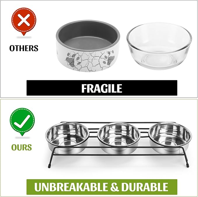 Raised Cat Bowls Triple Dog Cat Feeder Holders 3 Stainless Steel Elevated Pet Water Food Bowl for Cats Puppies Rabbits (3 Bowls)