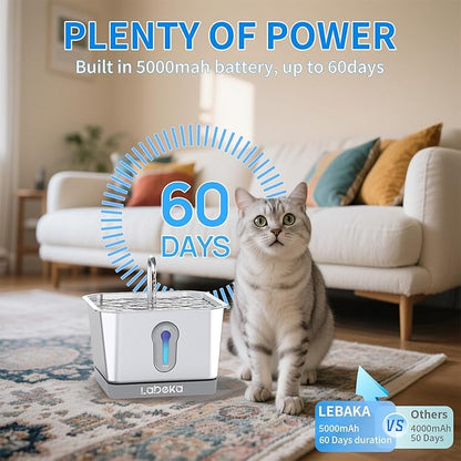 135oz/4L Wireless Cat Water Fountain, [304 Stainless Steel]&[Water and Electricity Separation Safety Design], Pet Fountain for Cats Inside, Innovative Design Easy to Clean for Cats and Dogs (Silver)