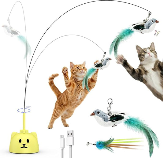 CATPICK Interactive Cat Toys for Indoor Cats - Automatic Flying Bird Feather Toy, USB Rechargeable Electric Cat Teaser with Strong Sticky Base, Smart Motion Self-Play Toy for Bored Cats(Yellow)