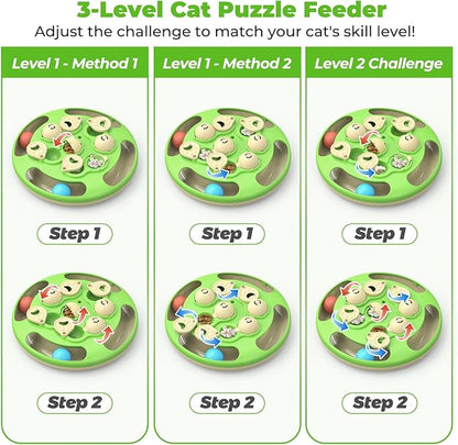 Cat Puzzle Toys Games Level 3 in 1 with Track Balls, Feather Teaser & Treat Feeder | Non-Slip Base | Mental Stimulation Enrichment for Indoor Cat, Dogs | Kitty Gift, Green