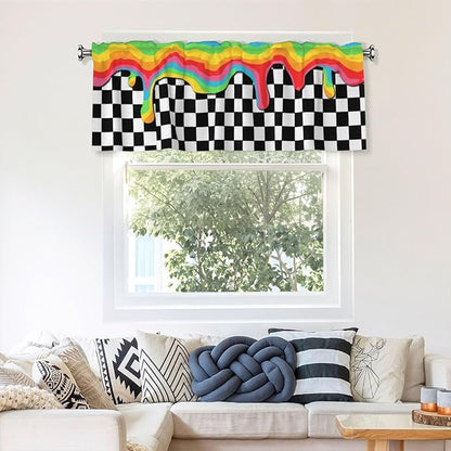 Rainbow Checkerboard Curtain Valance Short Rod Pocket Window Treatment for Living Room Bedroom Kitchen Bathroom 1 Panel 54" W x 18" L