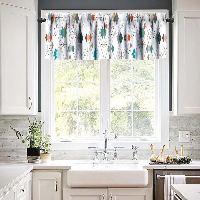 Mid Century Kitchen Valance Curtain, Europen Modern Abstract Colorful Diamond Geometric Print Vintage 1950S 60S Window Curtain Valance for Bedroom Living Room 54x18inch