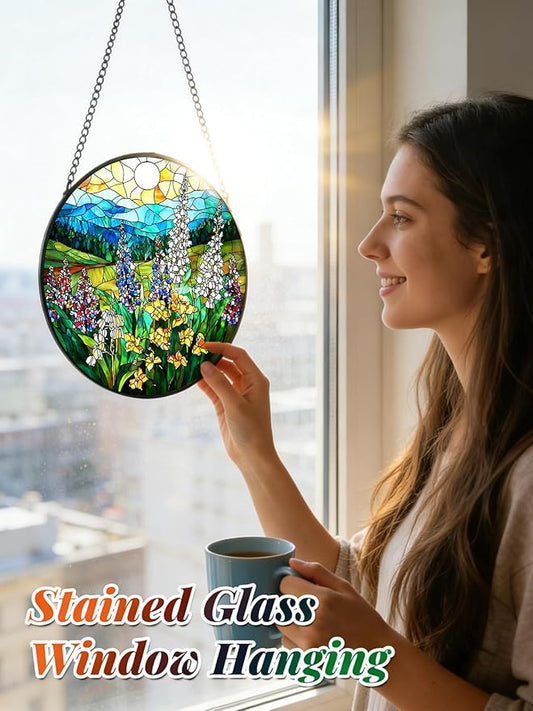 Stained Glass Window Hanging, Wildflowers Plant Scenery Suncatcher for Door Home Decor,Valley Sunrise Sun Catcher Ornament Mother's Day Birthday Gifts for Women Men Mom 7.8 in