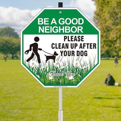 Clean Up After Your Dog Sign with Stake, 10"W x 28"H Aluminum Be A Good Neighbor, Pick Up After Your Dog Sign for Yard, No Poop Lawn Sign, Curb Your Dog Signs for Lawn- Easy to Install