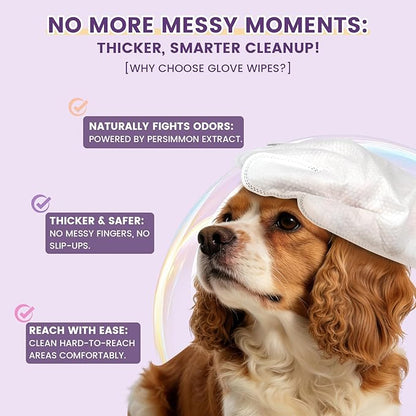 50 Pcs Cleaning Deodorizing Pet Glove Wipes for Dogs & Cats, Hypoallergenic Dog Bath Wipes with Natural Deodorizer Persimmon Tannin, Pet Bathing Wipes for Horse Coat Care Lavender Scent
