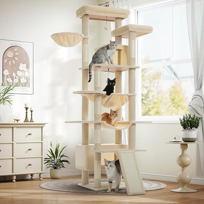 MUTTROS Large Cat Tree for Big Cats & Multi-Cat Homes, 81 Inch Tall Cat Tower with Sturdy Metal Hammock, 6 Sisal Scratching Posts, 2 Cozy Condos, 2 Top Perches - Multi-Level Cat Tower, Beige