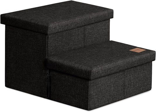 Love's cabin Dog Stairs with Storage 13" H, Foldable Pet Stairs for Small Medium or Large Dogs, Cat Puppy Steps Ramp with Zip up to 150 lbs, Black, 2 Steps