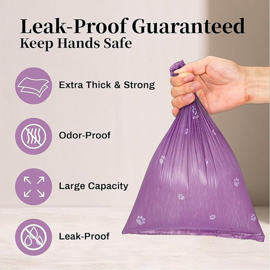 270 Count Dog Poop Bags Rolls with Dispenser & Leash Clip, 9″ x 13″ Scented Biodegradable Leak Proof Poop Bags for Dogs, Cats & Pet Waste, 18 Refill Rolls of 15, Purple