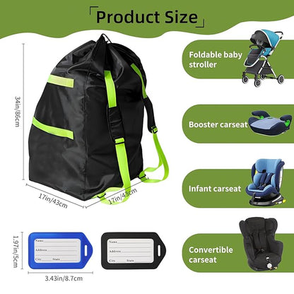 Car Seat Bag for Airplane Travel,Durable Padded Cover with Green Shoulder Straps, Fits All Car Seats, Includes 2 Luggage Tags, Waterproof Travel Bag for Air Travel