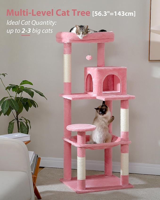 MUTTROS Cat Tree for Large Cats with Metal Plush Big Hammock, 56.3" Cat Tower for Indoor Cats with 2 Door Condo House, 6-Tier Cat Shelves with Scratching Posts and Large Top Perch, Pink
