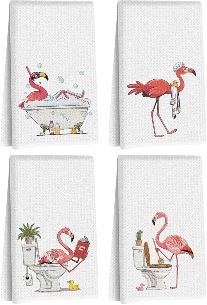 4 Pcs Funny Flamingo Hand Towels for Bathroom 24x14 Inch, Hot Pink Bird Reusable Dish Towels for Bathroom Restroom Decor, Waffle Weave Absorbent Hand Cloth Tea Towel, Flamingo Gifts for Women Mom