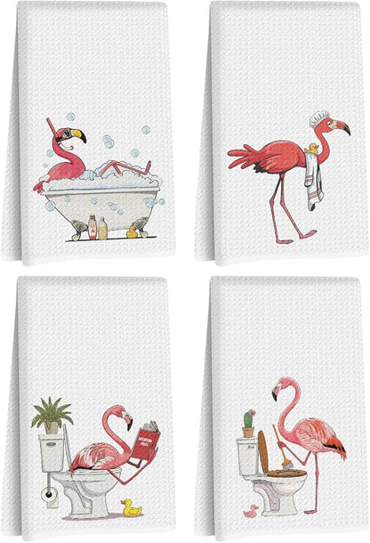 4 Pcs Funny Flamingo Hand Towels for Bathroom 24x14 Inch, Hot Pink Bird Reusable Dish Towels for Bathroom Restroom Decor, Waffle Weave Absorbent Hand Cloth Tea Towel, Flamingo Gifts for Women Mom
