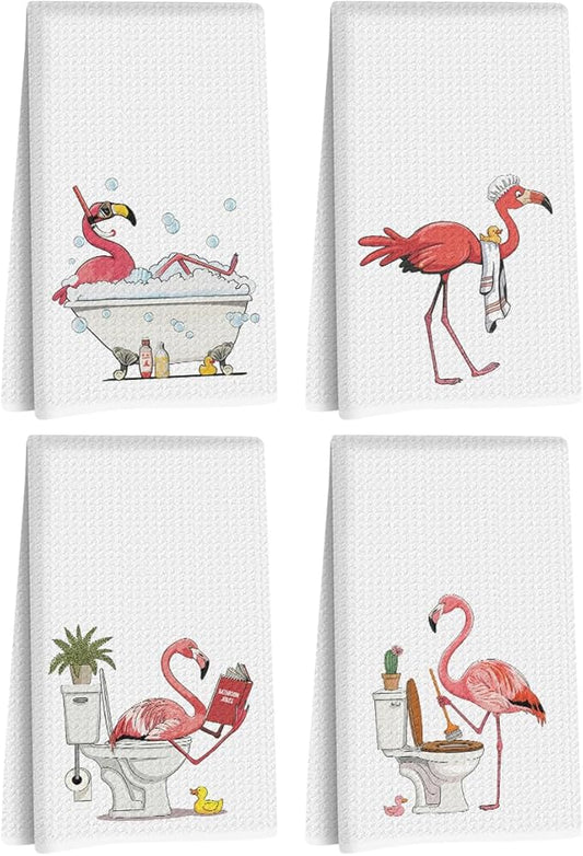 4 Pcs Funny Flamingo Hand Towels for Bathroom 24x14 Inch, Hot Pink Bird Reusable Dish Towels for Bathroom Restroom Decor, Waffle Weave Absorbent Hand Cloth Tea Towel, Flamingo Gifts for Women Mom