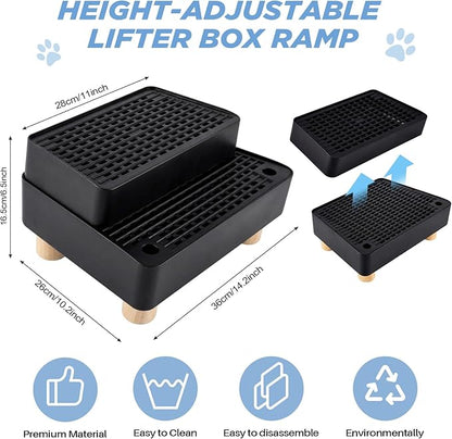Adjustable 2 Steps Litter Box Ramp, Cat Litter Catcher Mat with Wooden Feet, Filter Function, Litter Box Step for Small & Elderly Cats, Fits Automatic Litter Boxes (Black)