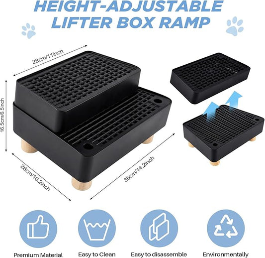 Adjustable 2 Steps Litter Box Ramp, Cat Litter Catcher Mat with Wooden Feet, Filter Function, Litter Box Step for Small & Elderly Cats, Fits Automatic Litter Boxes (Black)
