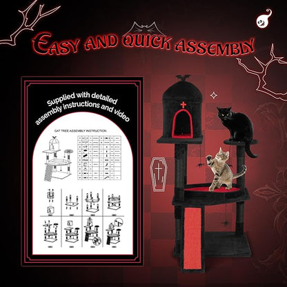 VINGLI 53.5in Gothic Cat Tree with Coffin Bed, Large Cat Tower for Indoor Cats with Spacious Condo, Spider Web Perch, Sisal Scratching Posts & Board, Hanging Spider Toys, Red & Black Cat Furniture