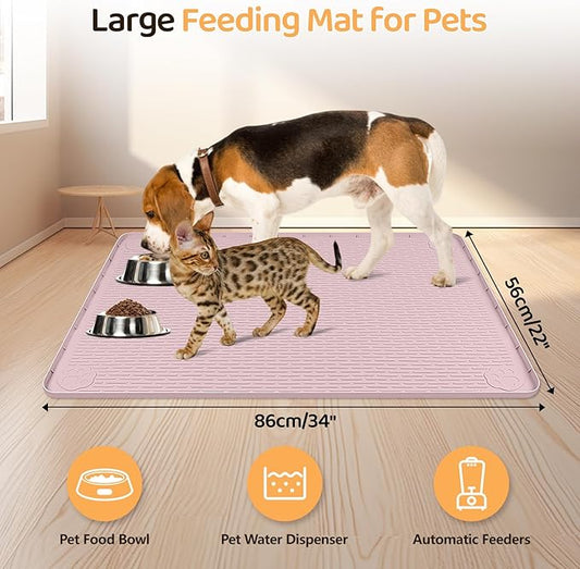 Dog Food Mat, Extra Large 34" x 22" Silicone Pet Feeding Mat with Raised Edge Pet Placemat for Small, Medium, and Large Pets Non-Slip, Easy to Clean (Pink)