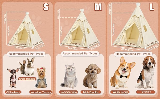 Bunny & Tiny Cat & Tiny Dog Teepee Tent House (Int 16x16x16in/Ext 18x18x21in) for Mini Chihuahua, Yorkie, Maltese, Puppy, Rabbit, Kitty Kitten, Guinea Pig, Chinchilla, Cotton Canvas & Stable Frame