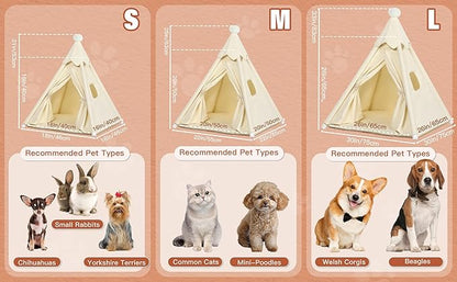 Bunny & Tiny Cat & Tiny Dog Teepee Tent House (Int 16x16x16in/Ext 18x18x21in) for Mini Chihuahua, Yorkie, Maltese, Puppy, Rabbit, Kitty Kitten, Guinea Pig, Chinchilla, Cotton Canvas & Stable Frame