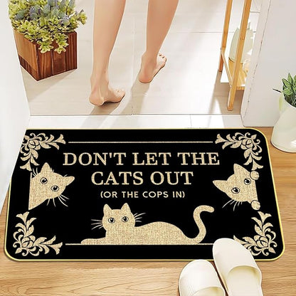 Funny Cat Welcome Mat “Don’t Let The Cats Out or The Cops in” Doormat, 29"x17" Non-Slip Indoor Outdoor Rug for Front Porch or Entryway, Cat Lover Gift