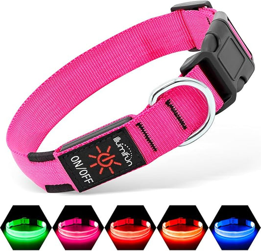 Illumifun Rechargeable LED Dog Collar, Waterproof Light Up Dog Collars Glow in The Dark, Adjustable Safety Collar Light for Dogs Walking Camping (Pink, Medium)
