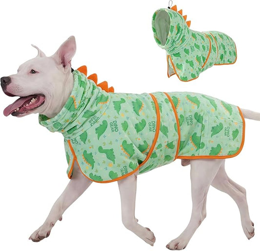 LovinPet 3‑in‑1 Dog Warm Winter Coat & Bathrobe, Hooded Dinosaur Fleece, Lightweight High‑Loft, Absorbent Knit, Quiet Hook‑and‑Loop, Wind‑Blocking Edges, Dog Robes for Medium & Large Dogs, Green,XL