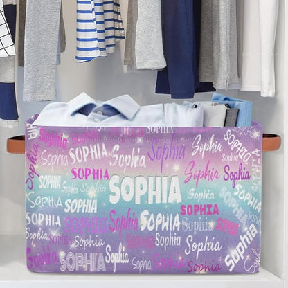 Personalized Name Storage Basket with Handles, Canvas Storage Bins Toys Clothes Organizer for Bedroom, Kitchen, Bathroom, Nursery, Shelves, Closets, Purple Blue Galaxy with Stars