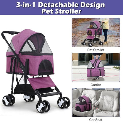 Pet Stroller 3-in-1 Folding Dog Cat Strollers for Medium Small Dogs Cats 4 Wheels Lightweight Travel Dog Strollers Cat Stroller with Detachable Carrier, Purple