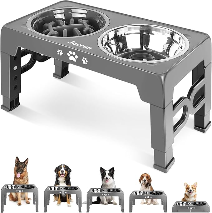 Elevated Dog Bowls, Non-Slip Dog Feeder with 1*Stainless Steel Dishes & 1*Slow Feeder Bowl, 5 Heights Adjustable Raised Bowls for 3.15″-8.66″-9.84″-11.02″-12.2″