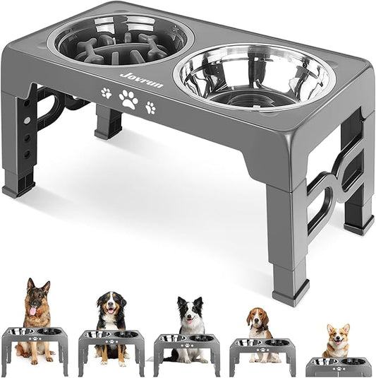 Elevated Dog Bowls, Non-Slip Dog Feeder with 1*Stainless Steel Dishes & 1*Slow Feeder Bowl, 5 Heights Adjustable Raised Bowls for 3.15″-8.66″-9.84″-11.02″-12.2″