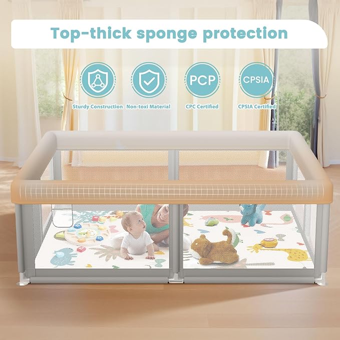 Baby Playpen 50x50 Inch Baby Playpen with Mat, Play Pen for Babies and Toddlers, Playard with Gate, Sturdy Safety Fence, Indoor & Outdoor Kids Activity Center