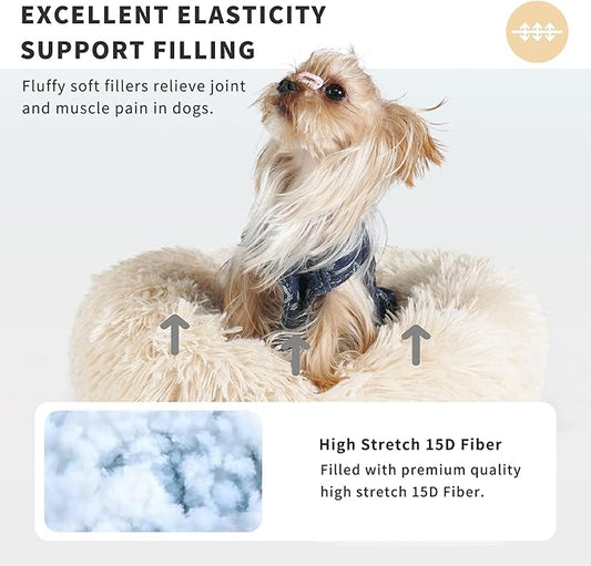 Tiny Dog Bed Extra Small Washable 15 inches Beige Donut Soft Small Dog Bed,Calming Anti Anxiety Round Fits up to 5 lbs Warm Comfort Pets Beds for Puppy Dogs Indoor